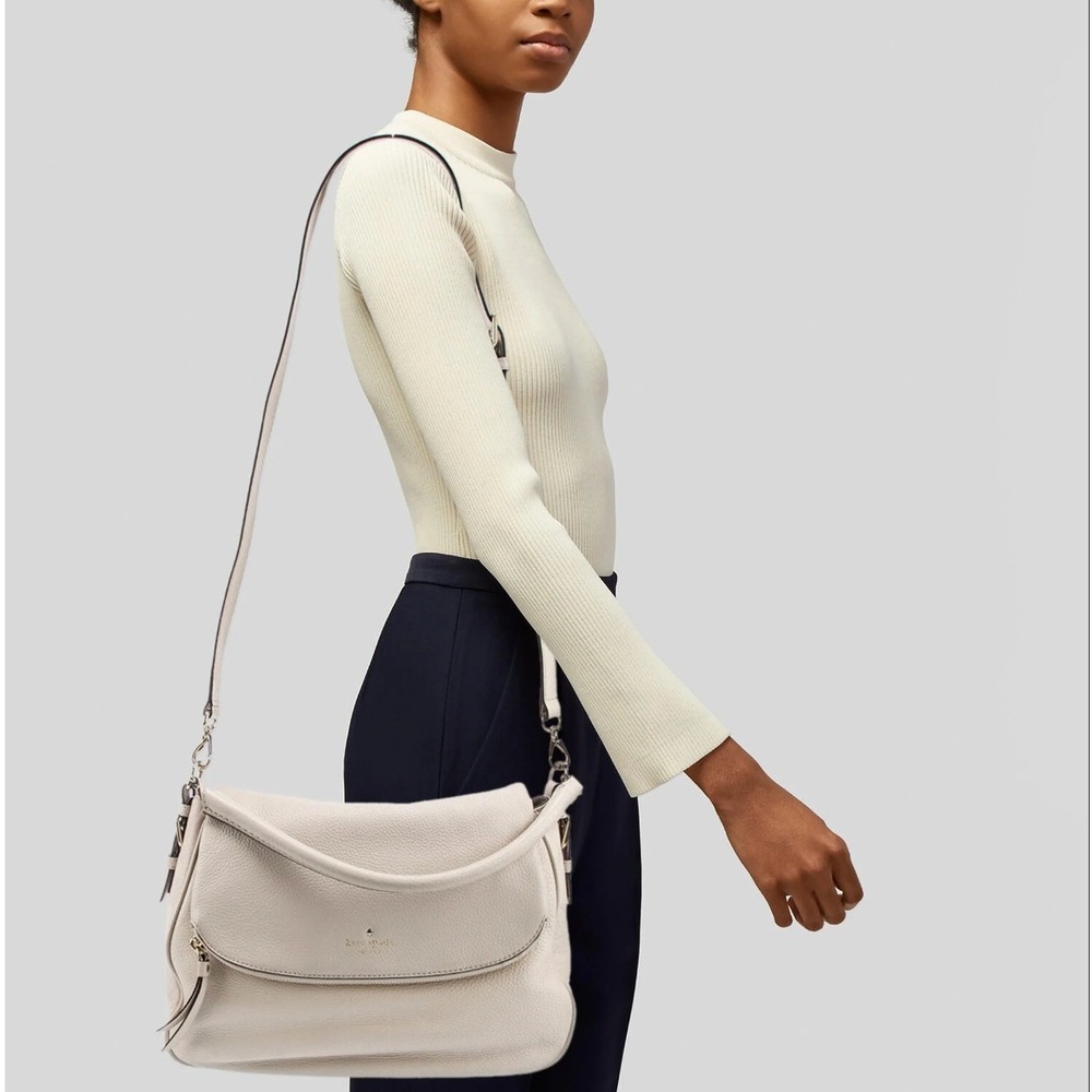 Kate Spade New York Beige Pebbled Leather Medium Flap Shoulder Crossbody Bag